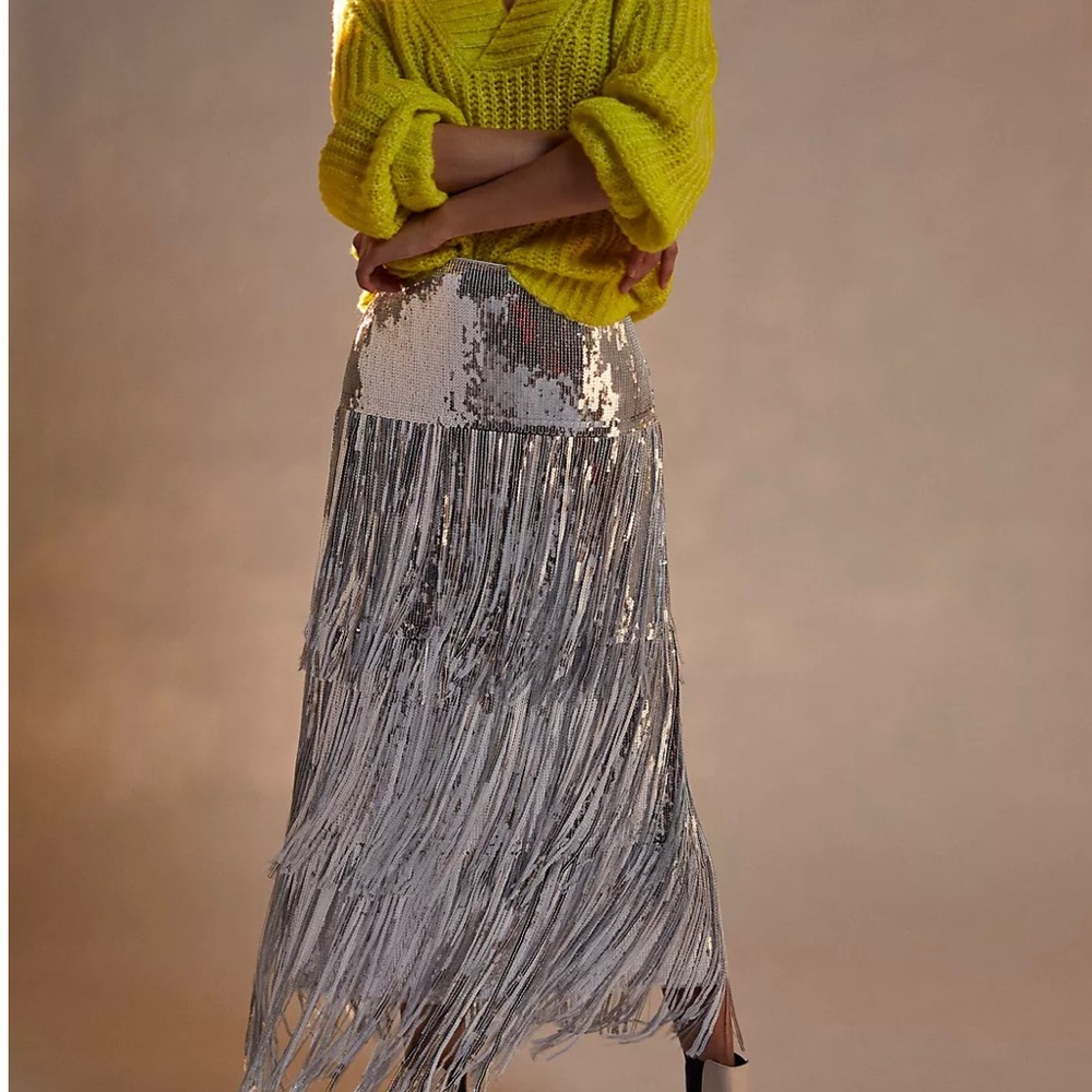 Maeve Tatiana Sequined Fringe Midi Skirt.